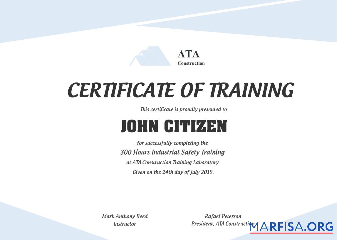 Downloadable USA Safety Training cert sample
